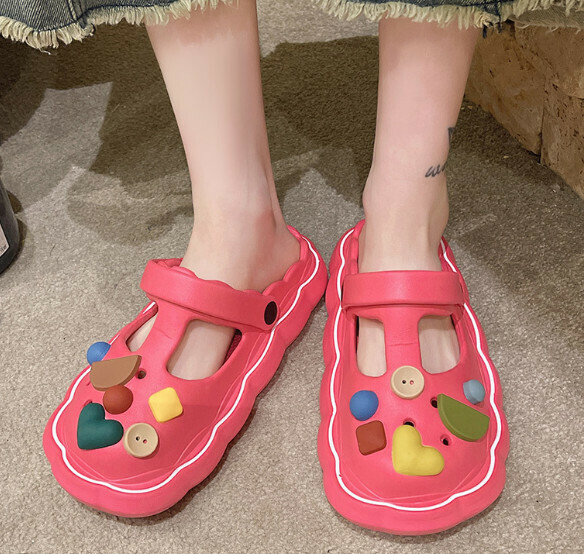 Hot selling thick-soled sandals and clogs [Baotou Pebble Sandals-Rose Red] (Size: 36-41) [Please contact customer service to confirm the delivery size after placing the order]
