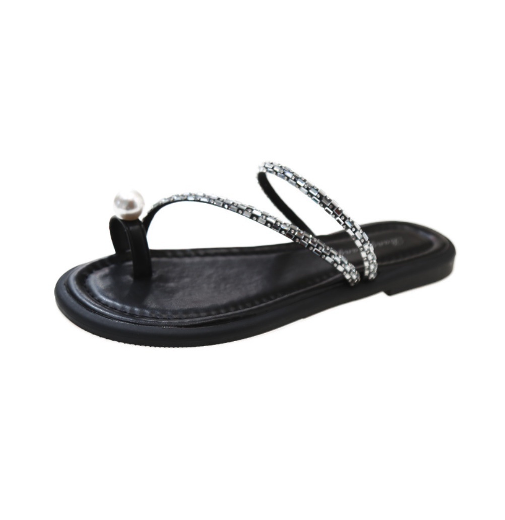Hot selling rhinestone sparkling French flat sandals (black) (size 35-40) (contact customer service after placing the order to confirm the delivery size)