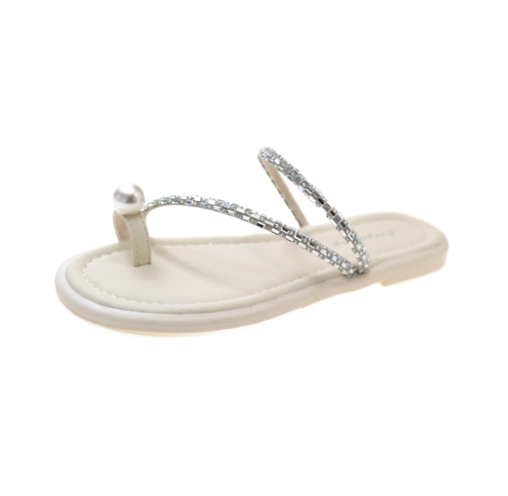 Hot selling rhinestone sparkling French flat sandals (beige) (size 35-40) (contact customer service after placing the order to confirm the delivery size)