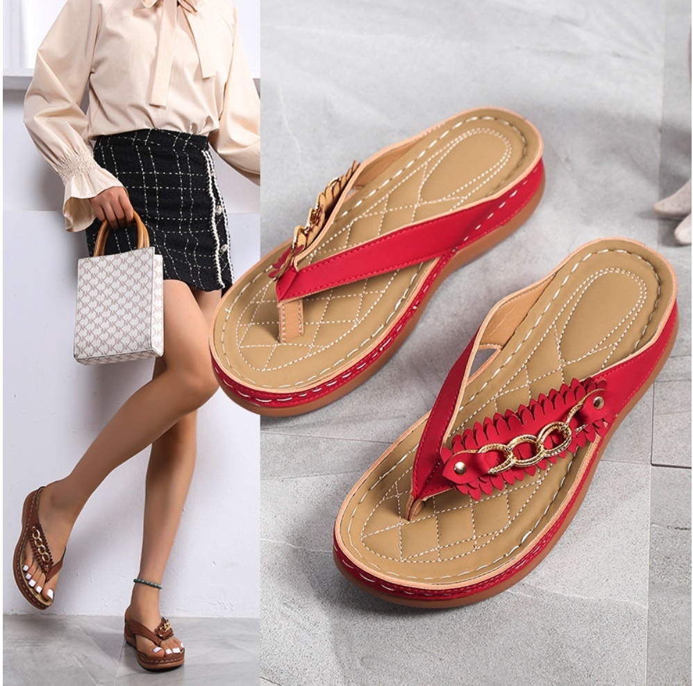 Hot-selling outdoor herringbone wedge chain sandals (red) (size 35-40) (contact customer service after placing the order to confirm the delivery size)
