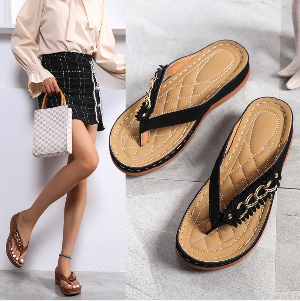 Hot-selling outdoor herringbone wedge chain sandals (black) (size 35-40) (contact customer service after placing the order to confirm the delivery size)