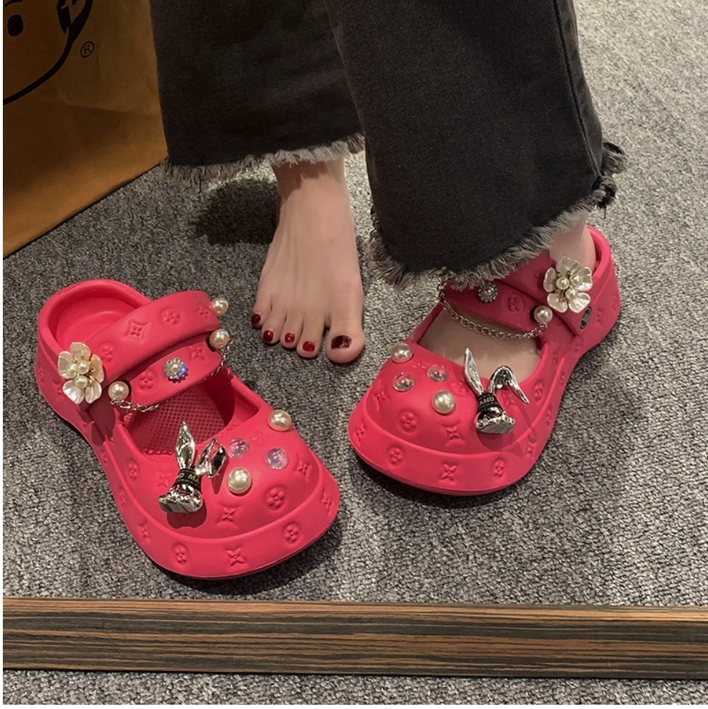 Hot style thick-soled clog shoes for women (rose red) (size 35-40) (contact customer service after placing the order to confirm the delivery size)