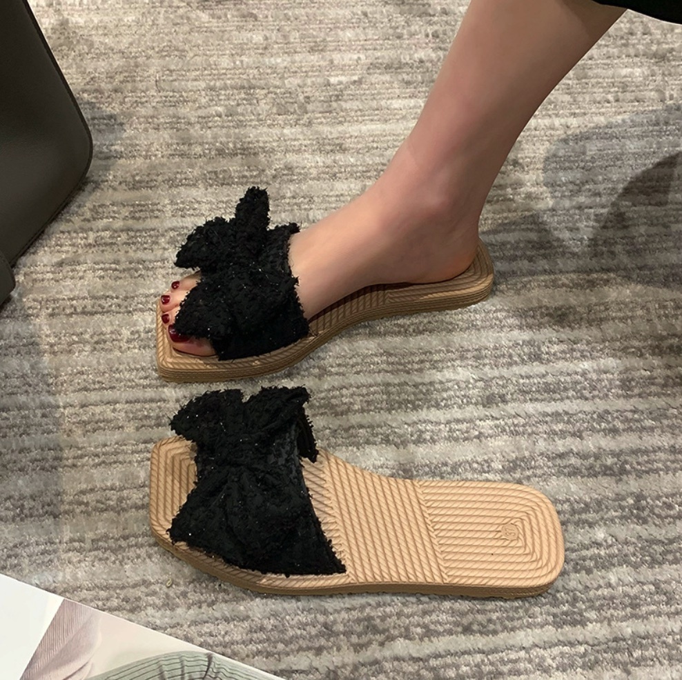 Popular bow summer outer wear slippers (black) (size 35-40) (contact customer service after placing the order to confirm the delivery size)