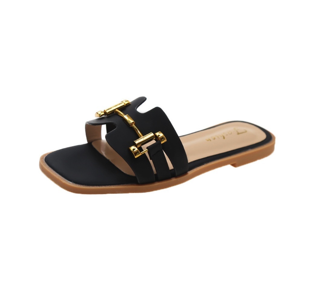 Popular outer wear metal buckle chain flat sandals (black) (35-40 sizes) (contact customer service after placing the order to confirm the delivery size)
