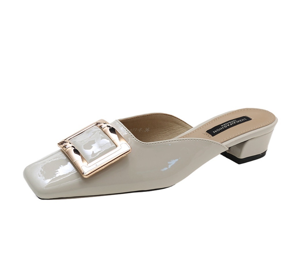 Popular square buckle fairy style Baotou half slippers (off-white) (size 35-40) (contact customer service after placing the order to confirm the delivery size)