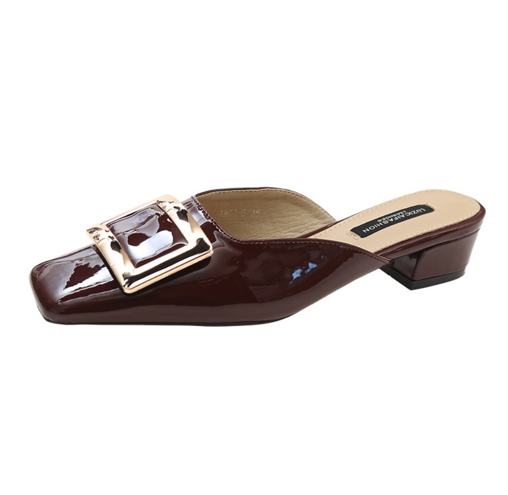 Popular square buckle fairy style Baotou half slippers (maroon) (size 35-40) (contact customer service after placing the order to confirm the delivery size)