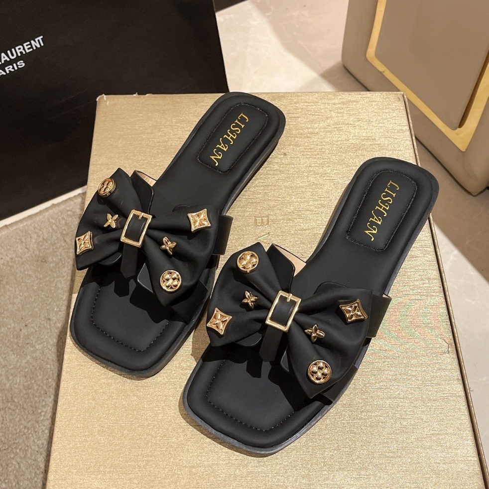 Popular women's bow sandals for going out (black) (size 35-40) (contact customer service after placing the order to confirm the delivery size)