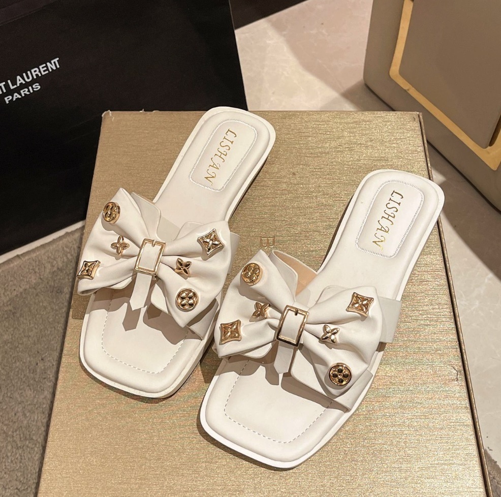 Popular women's bow sandals for going out (off-white) (size 35-40) (contact customer service after placing the order to confirm the delivery size)