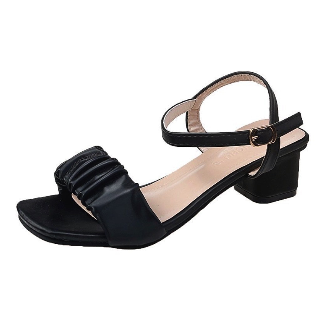 Hot style comfortable flat-buckle thick heel sandals (black) (size 35-39) (contact customer service after placing the order to confirm the delivery size)
