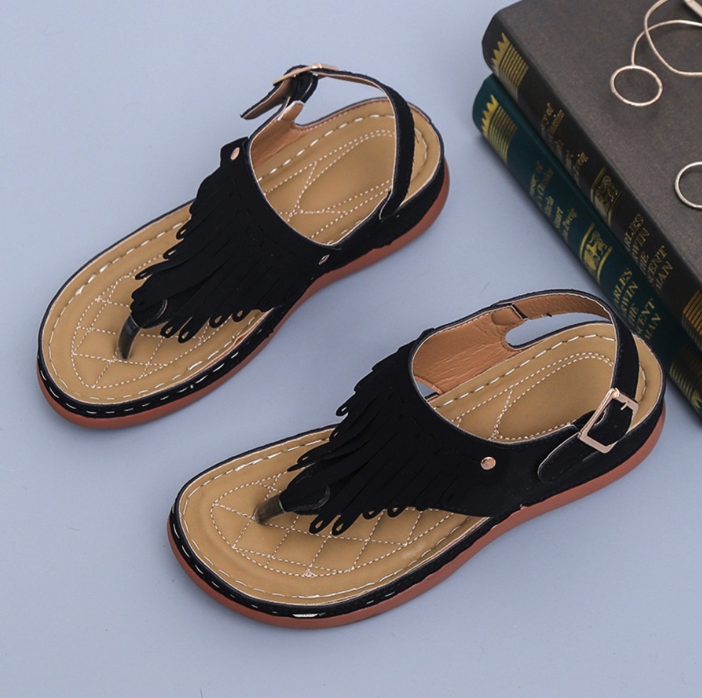 Popular Roman tassel fairy style thick-soled sandals (black) (size 35-40) (contact customer service after placing the order to confirm the delivery size)