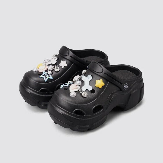 Hot style cute clog shoes toe-toe sandals [star bone chain] black] (size: 34-41) [please contact customer service after placing the order to confirm the delivery size]