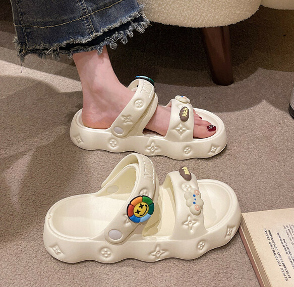 Hot style thick-soled slippers and beach sandals [off-white-sunflower double-strap slippers] (size: 35-40) [please contact customer service after placing an order to confirm the delivery size]