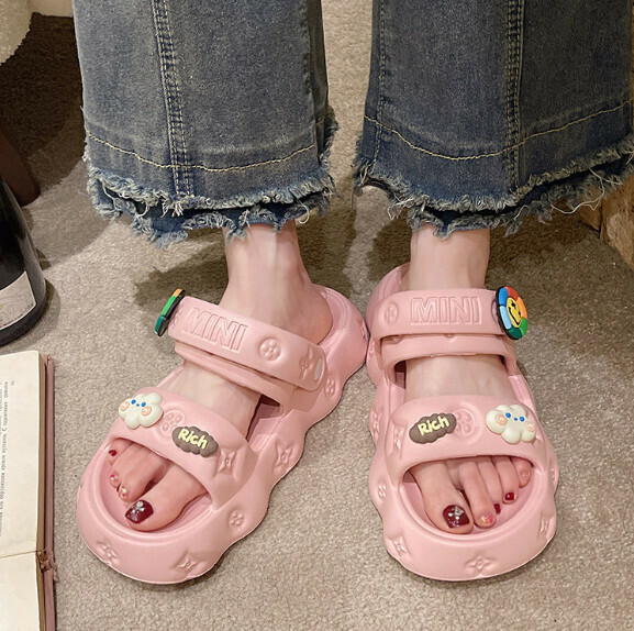 Hot style thick-soled sandals with a shit-stiffening feel and beach sandals [Pink-Sunflower Double Strap Sandals] (Size: 35-40) [Please contact customer service to confirm the delivery size after placing the order]