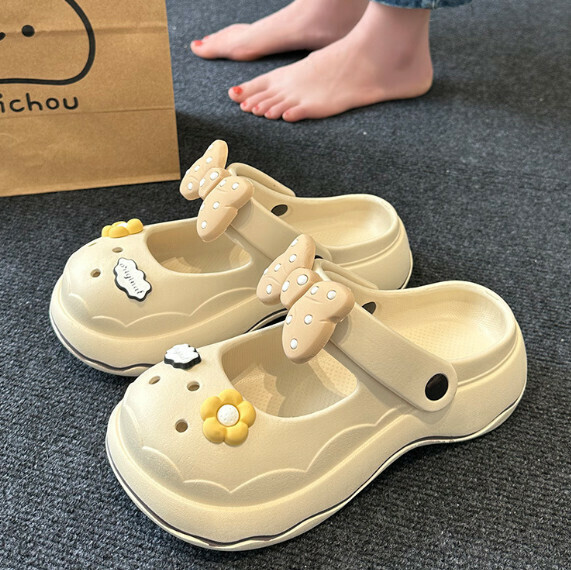 Popular princess-style Baotou sandals and clogs [khaki [bow 4.0]] (size: 36-40) [please contact customer service after placing the order to confirm the delivery size]