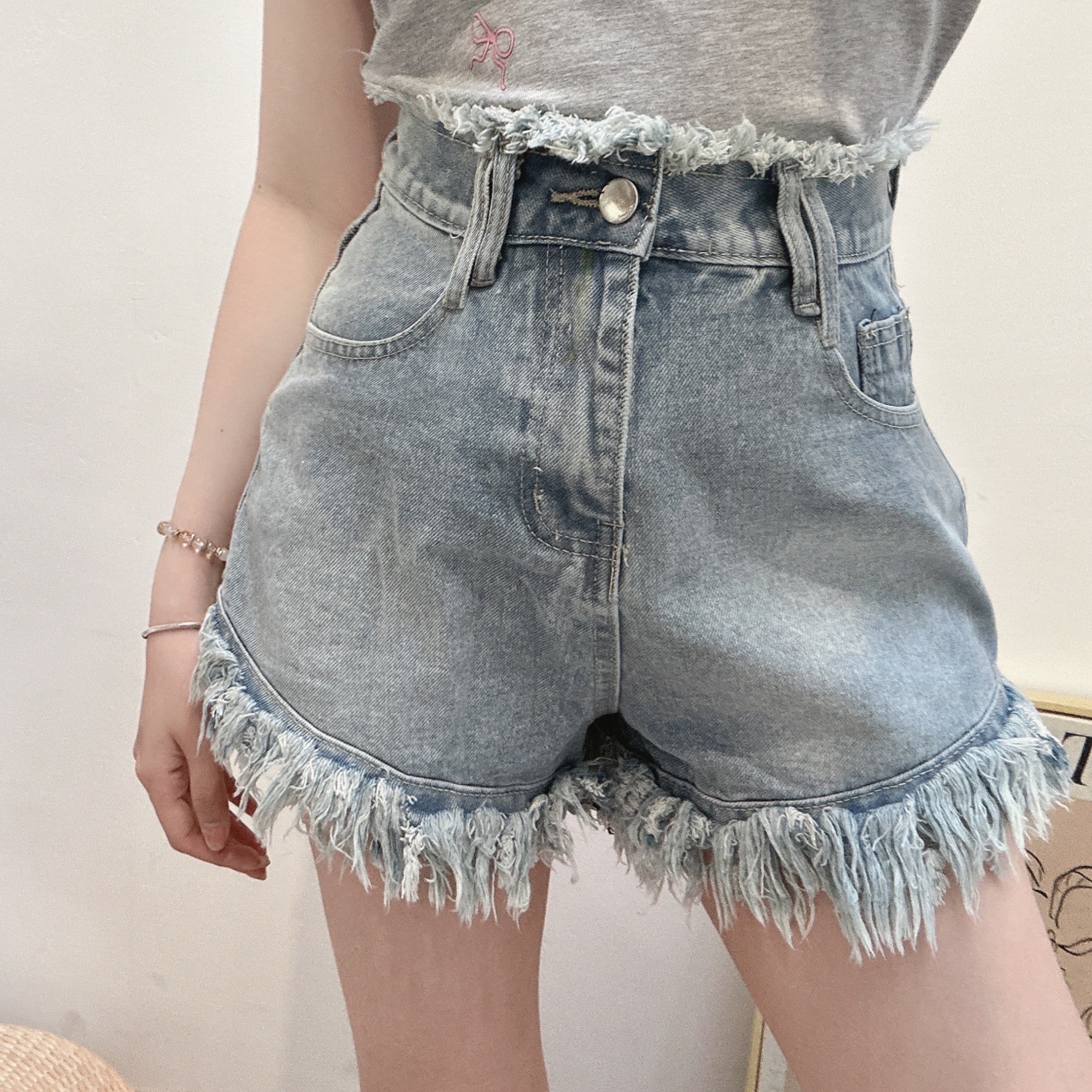 長腿抽鬚高腰牛仔短褲/單一色