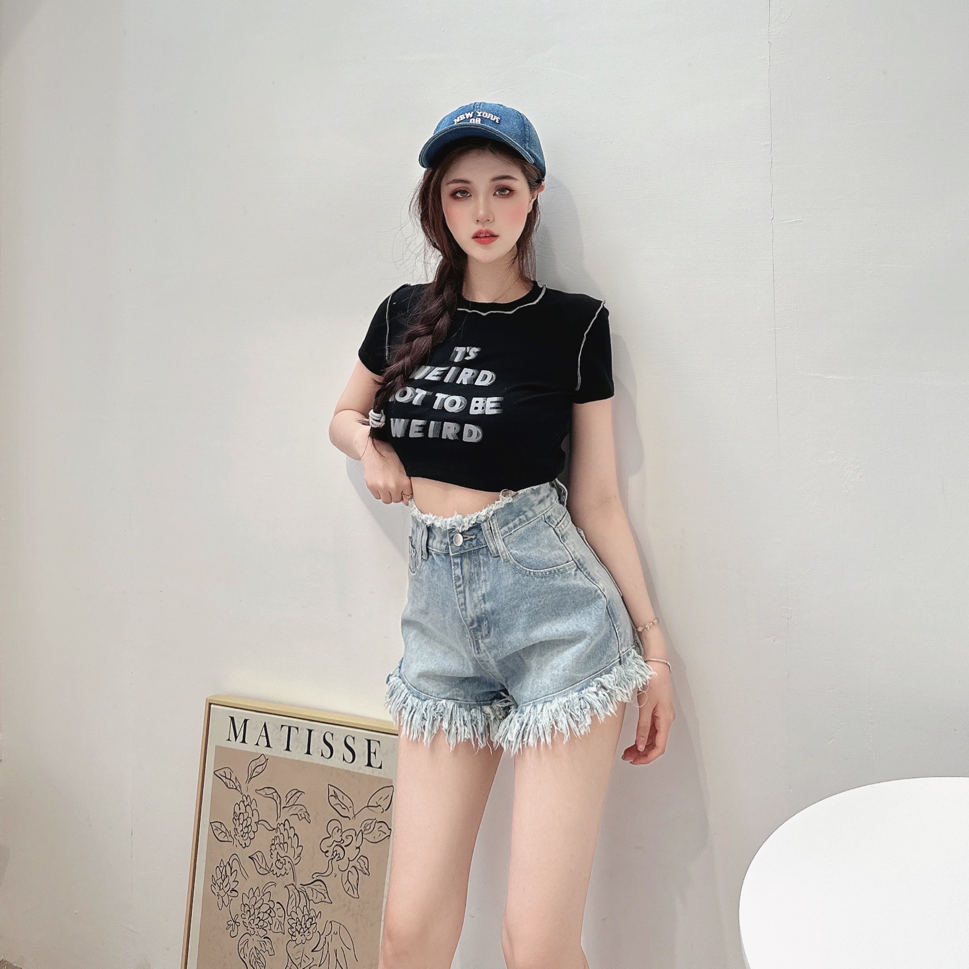 長腿抽鬚高腰牛仔短褲/單一色