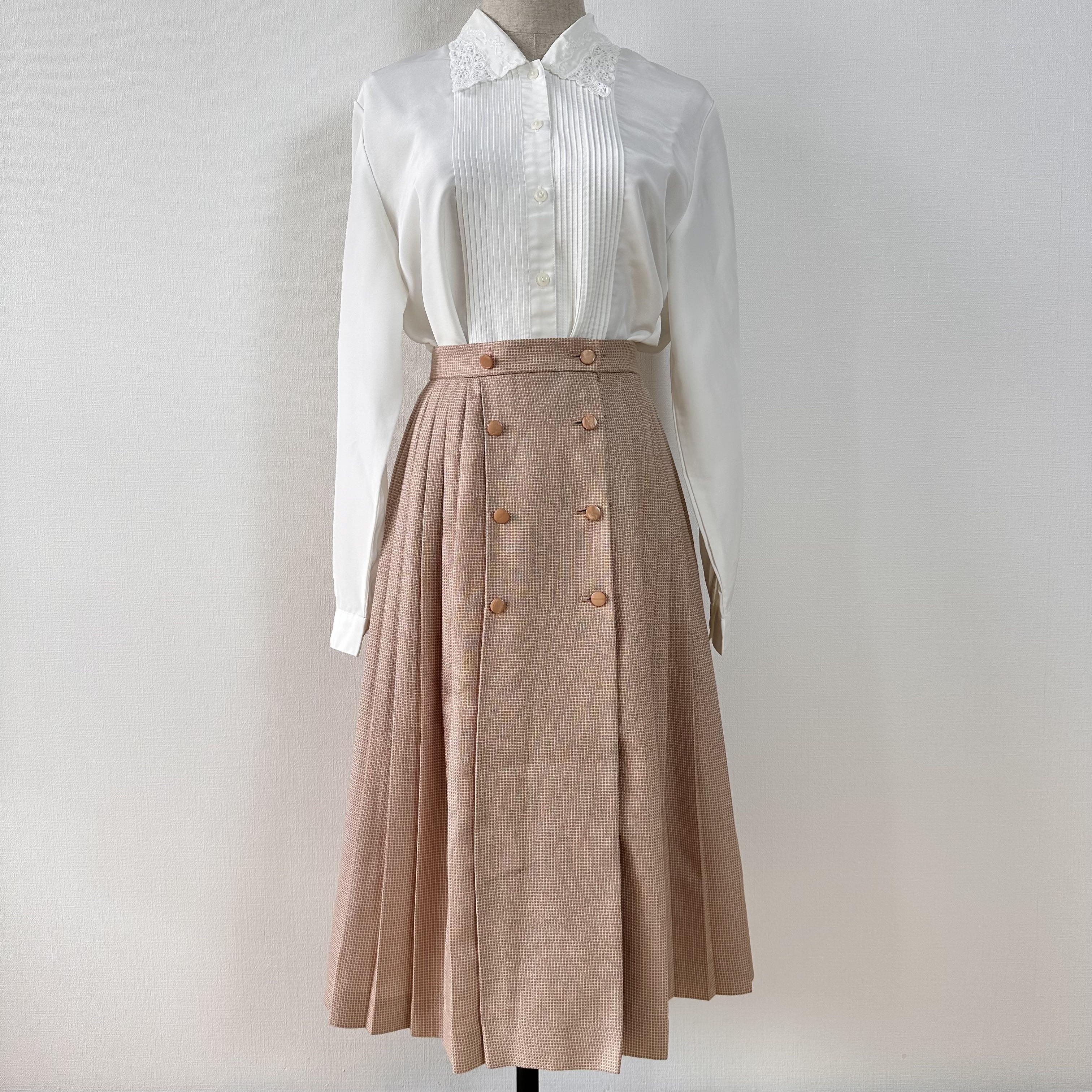 藕粉色迷你格子雙排扣半裙