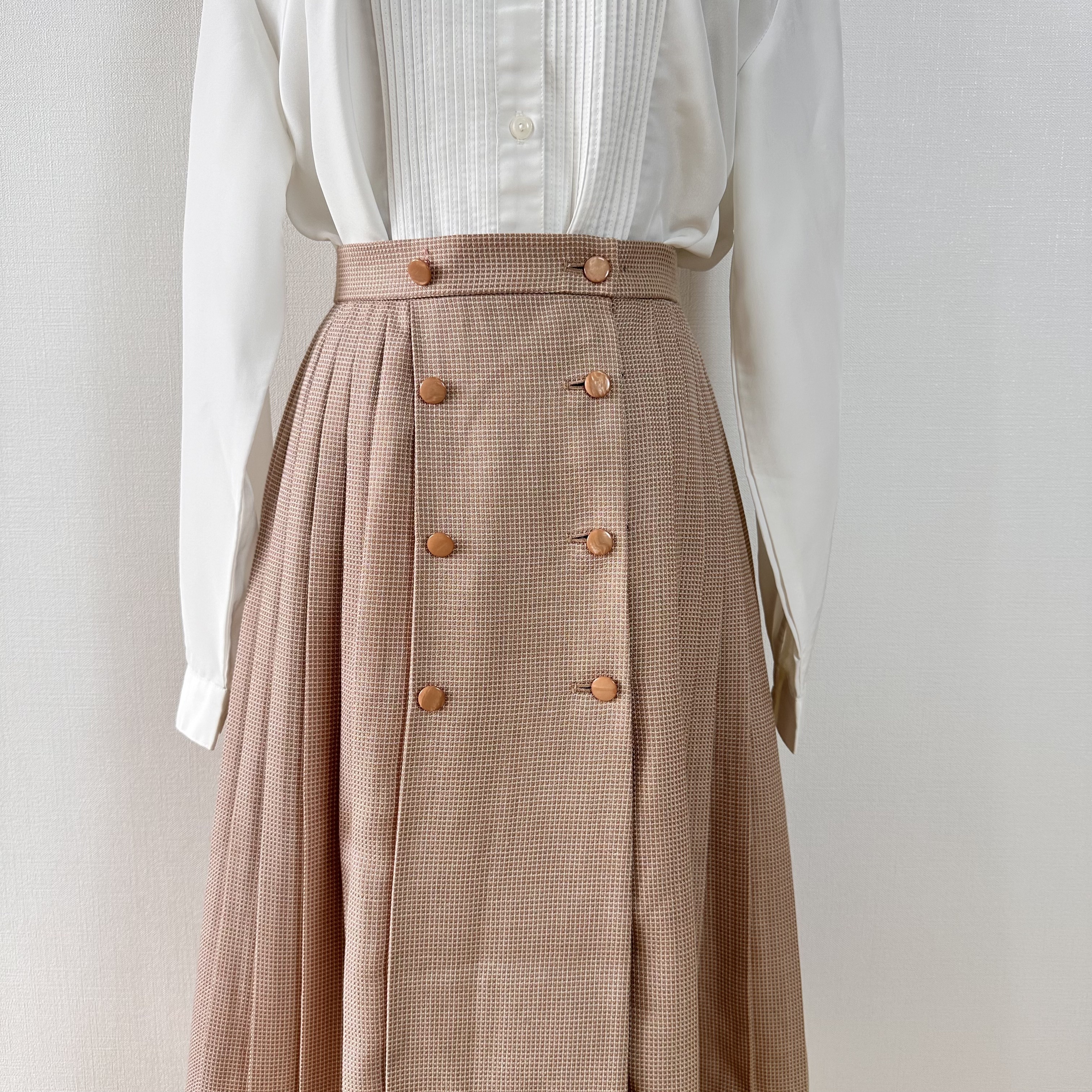 藕粉色迷你格子雙排扣半裙