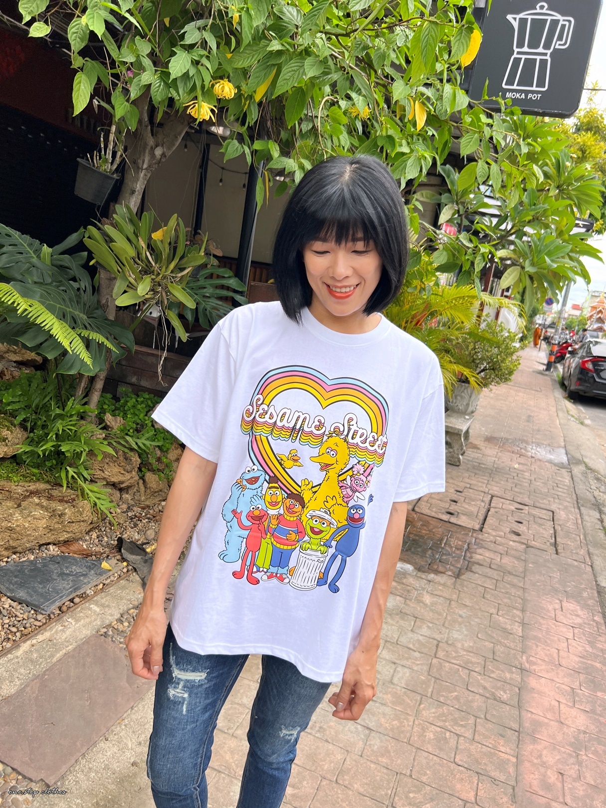 泰國繽紛顯白芝麻街彩虹T (白)