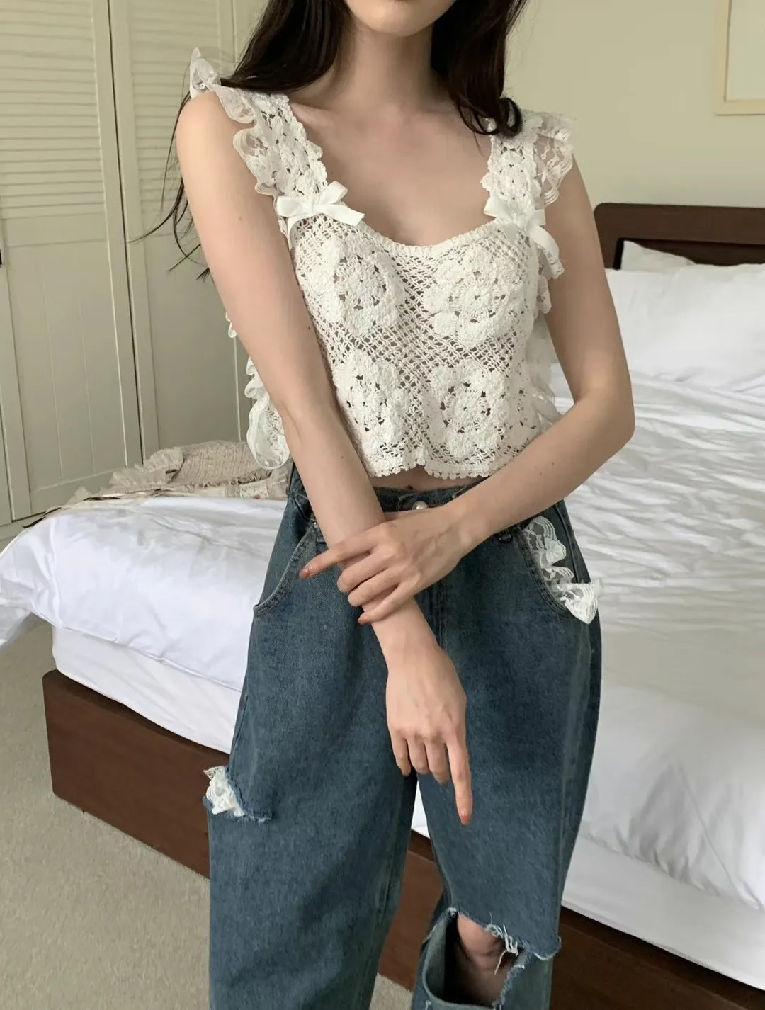 【現貨】NEHA正韓 ♥ 蕾絲花朵針織背心