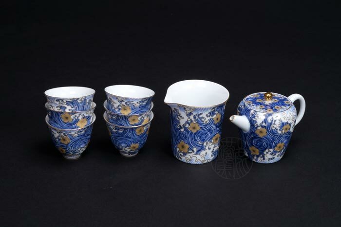 鹿港窯禮品館│星月浪花描金1壺1海6杯茶具組(禮盒)