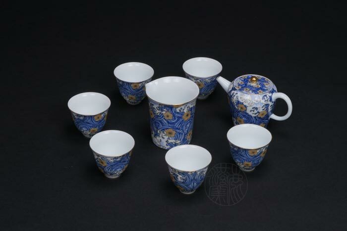 鹿港窯禮品館│星月浪花描金1壺1海6杯茶具組(禮盒)