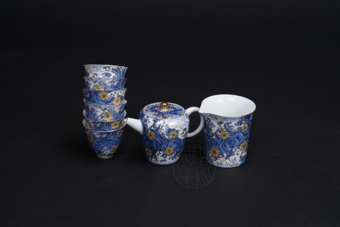 鹿港窯禮品館│星月浪花描金1壺1海6杯茶具組(禮盒)