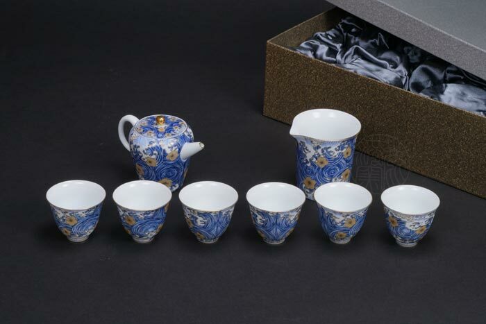 鹿港窯禮品館│星月浪花描金1壺1海6杯茶具組(禮盒)