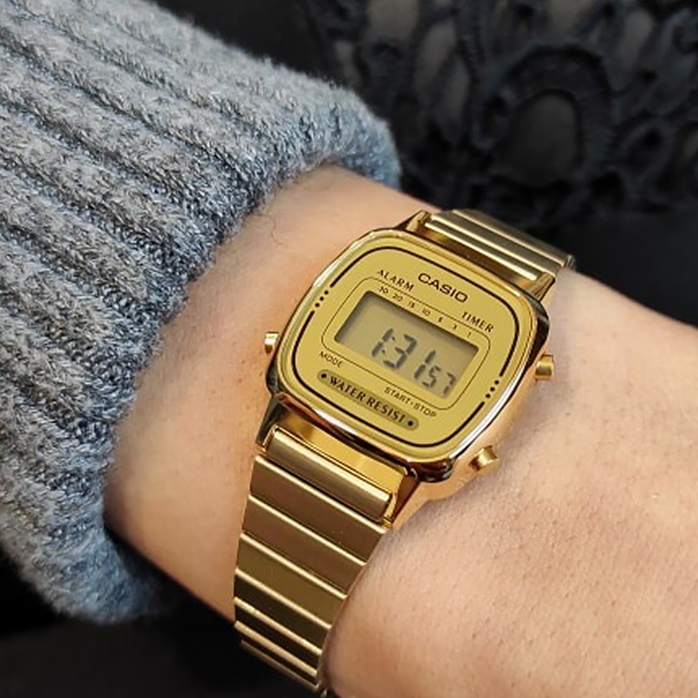 【CASIO 卡西歐】LA670WGA 日期星期 經典LED 鬧鈴 復古 優雅 質感時尚 金色 電子錶 手錶