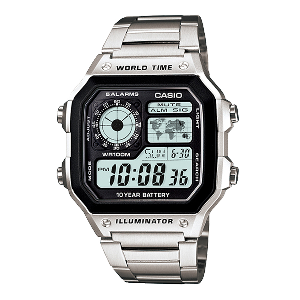 【CASIO 卡西歐】AE-1200WHD 銀黑 空中飛人 商務實用 旅行外出 世界地圖 多時區 不鏽鋼 方型電子錶 手錶