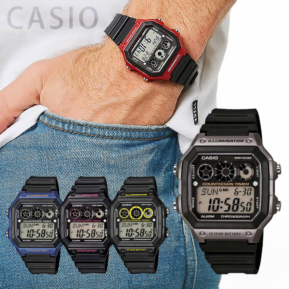 【CASIO 卡西歐】AE-1300WH 經典懷舊硬核潮流 夏令時 定時器 計時碼錶 多功能 方形電子錶 LED