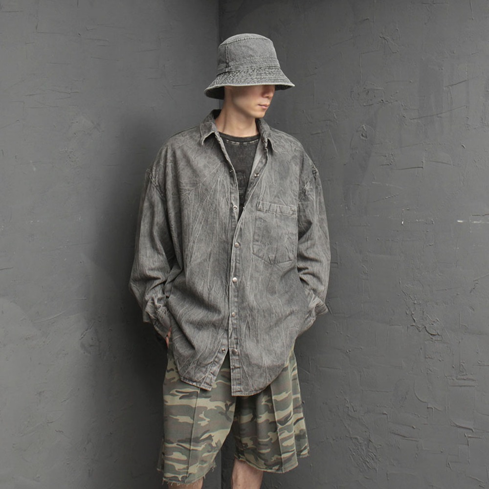 褶皺水洗寬鬆藍黑色夾克