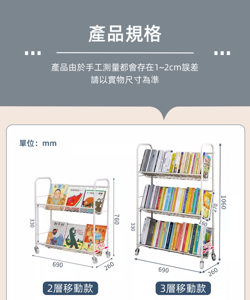 產品規格產品由於手工測量都會存在1~2cm誤差請以實物尺寸為準單位:mm3307606902602層移動款260 33027016010602602606903層移動款