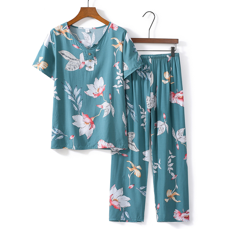 Elderly Short Sleeve Set (XL-4XL Green Bottom Water Lotus) [Please contact customer service to confirm the shipping size after placing an order]