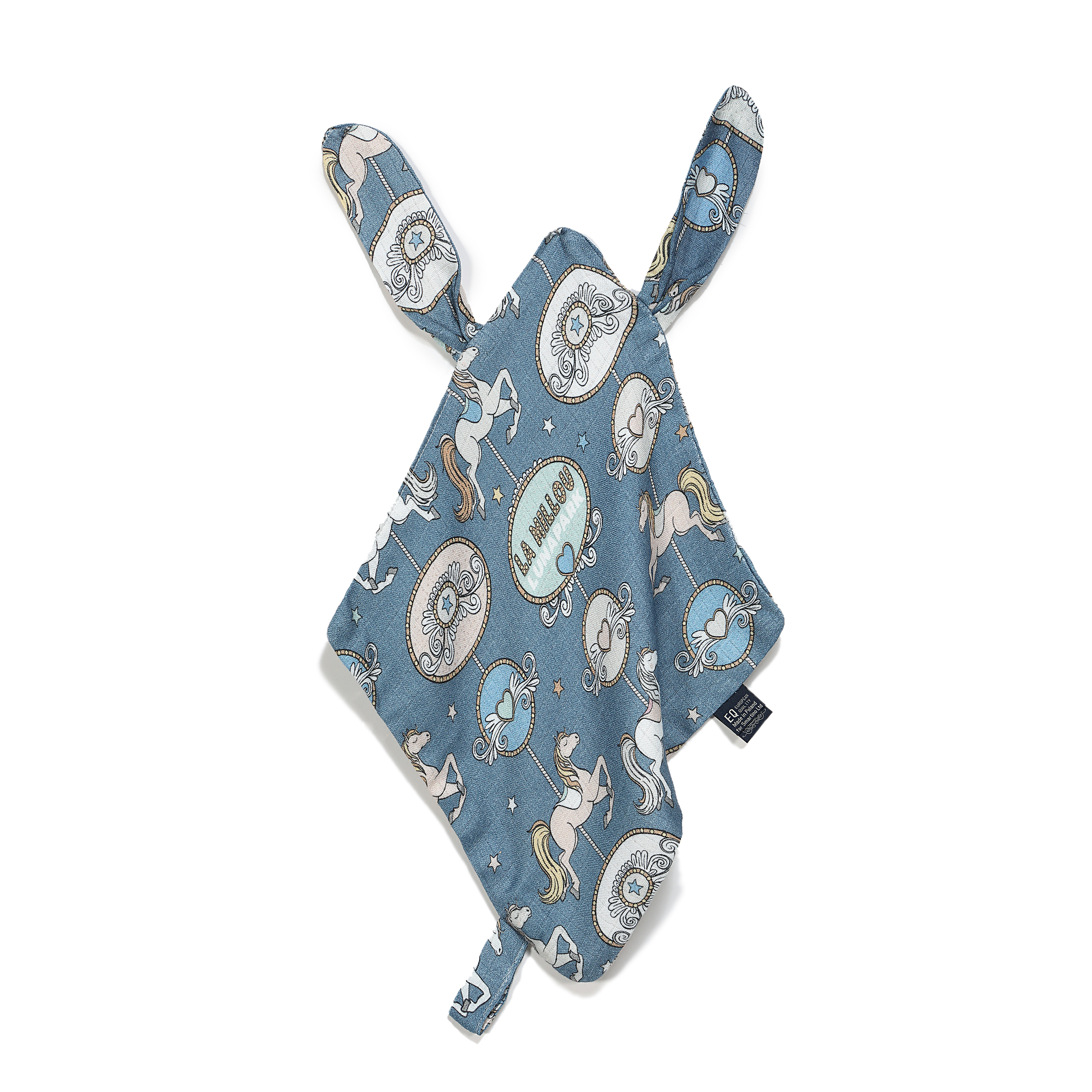 【原售價$799】La Millou波蘭 100%竹纖銀離子紗布巾玩偶奶嘴帶｜旋轉小木馬(藍底)