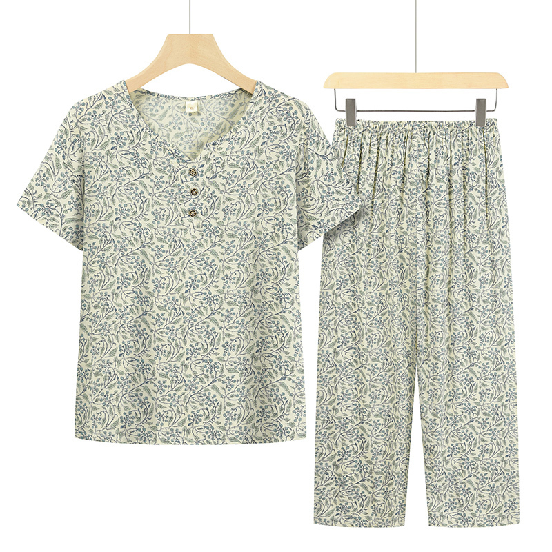 Seniors short-sleeved suit (XL-4XL apricot bell flower) [Please contact customer service to confirm the shipping size after placing an order]