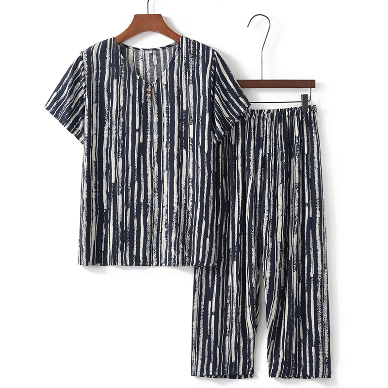Seniors Short Sleeve Set (XL-4XL Navy Stripes) [Please contact customer service to confirm the shipping size after placing an order]