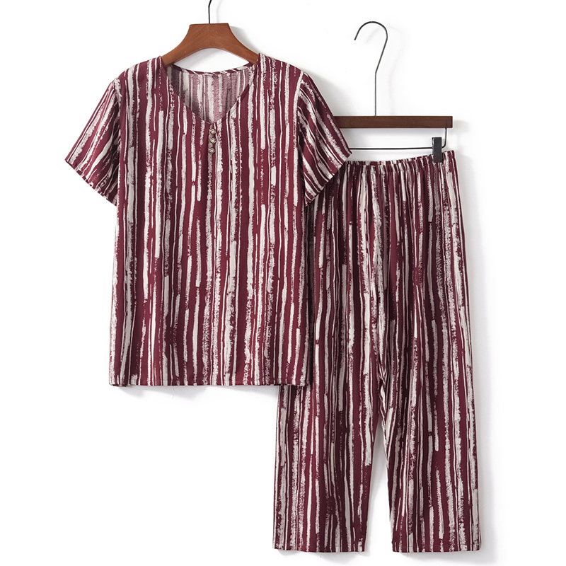 Seniors Short Sleeve Set (XL-4XL Red Stripes) [Please contact customer service to confirm the shipping size after placing an order]