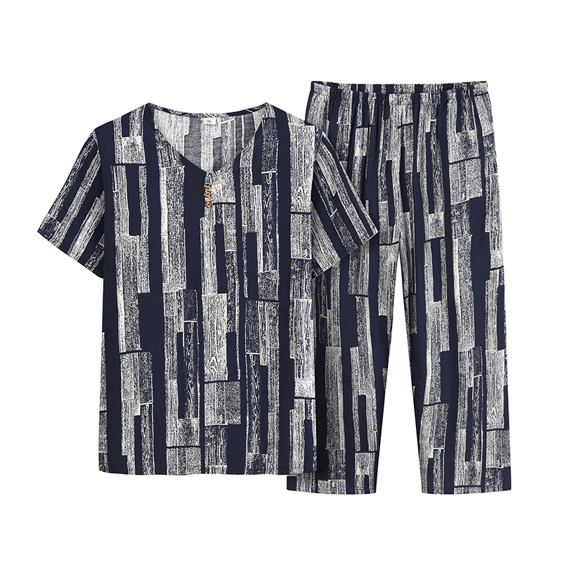 Seniors short-sleeved suit (XL-4XL dark blue vertical grid) [Please contact customer service to confirm the shipping size after placing an order]
