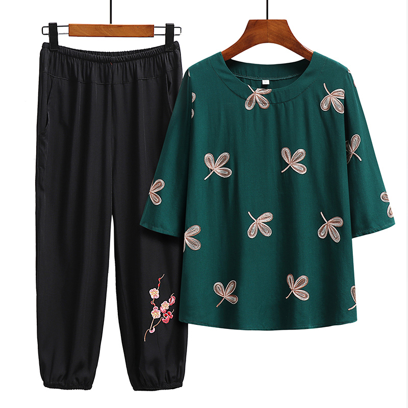 Seniors short-sleeved suit (XL-6XL grass green (suit)) [Please contact customer service to confirm the shipping size after placing an order]
