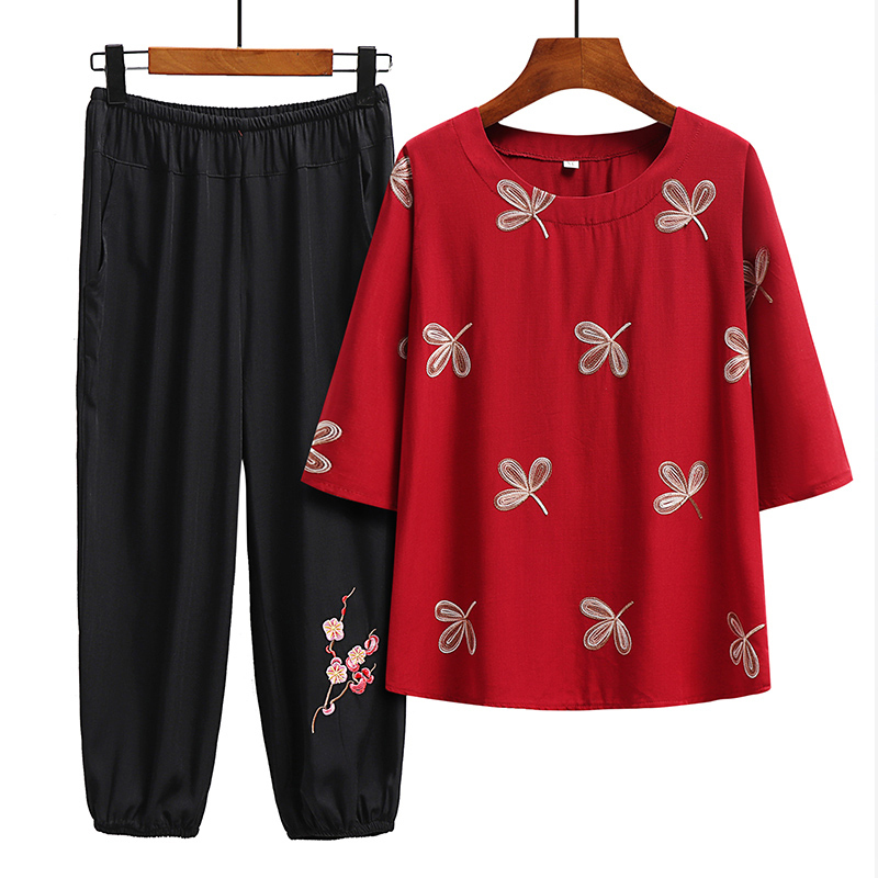 Seniors Short Sleeve Set (XL-6XL Burgundy (Set)) [Please contact customer service to confirm the shipping size after placing an order]