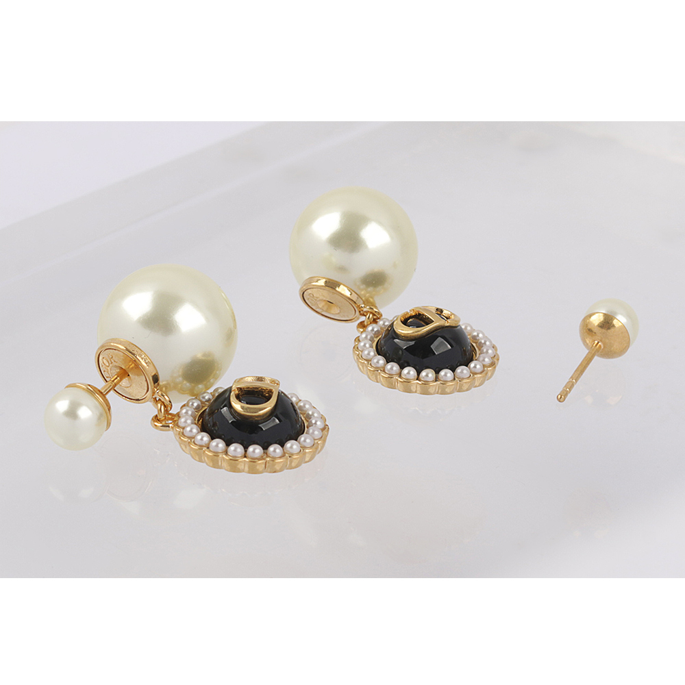 【CHRISTIAN DIOR】Tribales CD Logo 珍珠鑲飾玻璃珠針式耳環(金色/黑色) E3070WOMVE3_D307