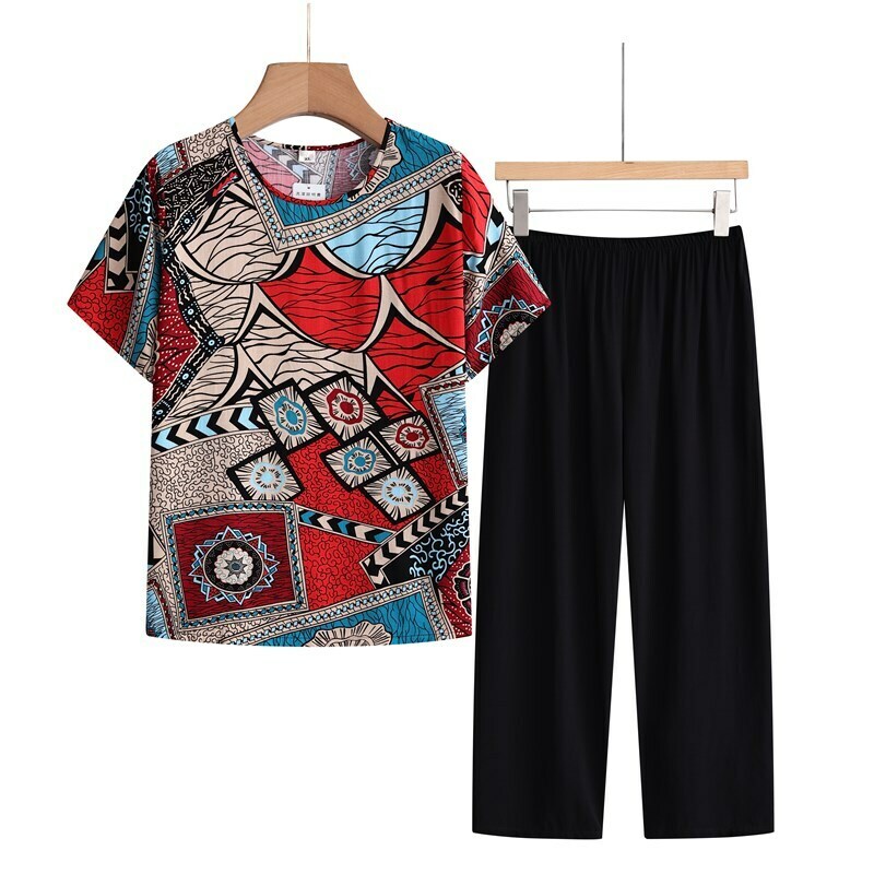 Seniors Short Sleeve Set (XL-4XL Graffiti Red) [Please contact customer service to confirm the shipping size after placing an order]