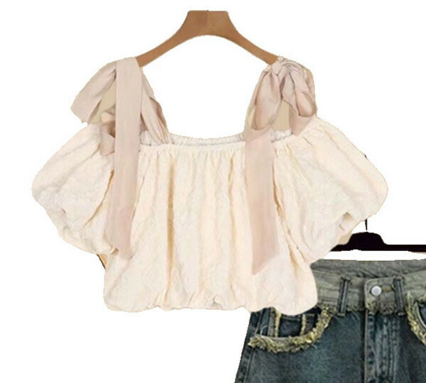 Women's Straight Neck Suspenders Short Sleeves # Single Piece (Apricot Color) (M-4XL Size) (Contact customer service to confirm size after placing an order) 
