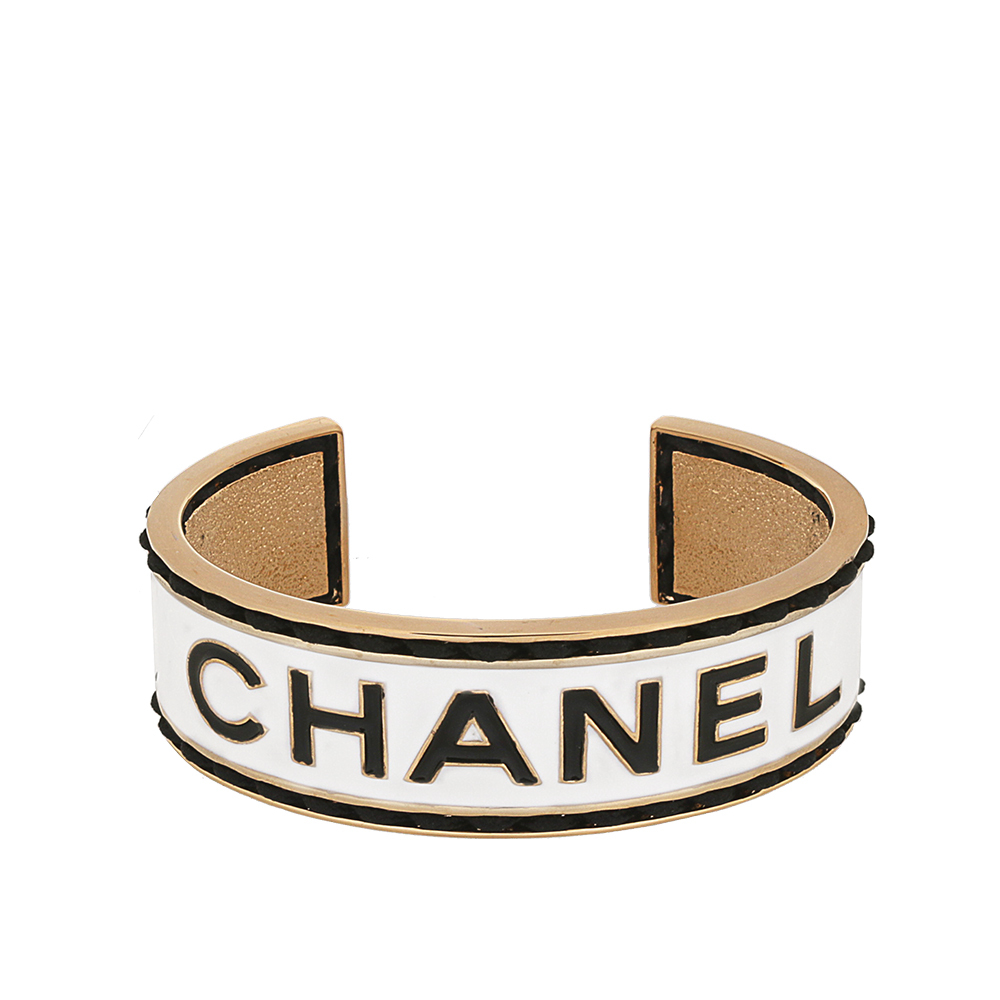 【CHANEL】經典標誌及編織外框寬手鐲(白色/黑色) ABC350 B15464 NU638