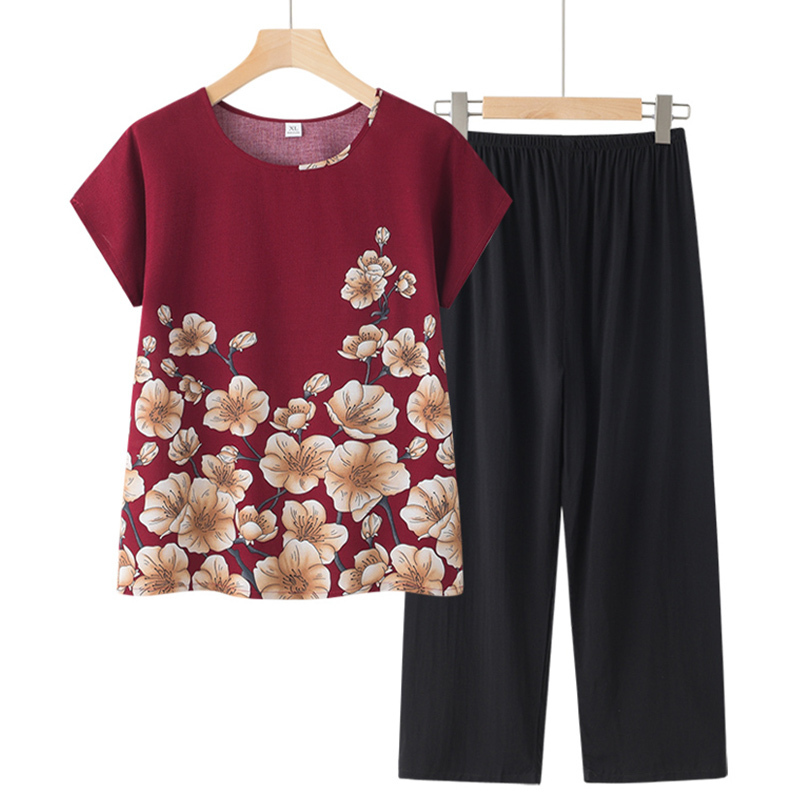 Seniors Short Sleeve Set (XL-4XL Burgundy) [Please contact customer service to confirm the shipping size after placing an order]
