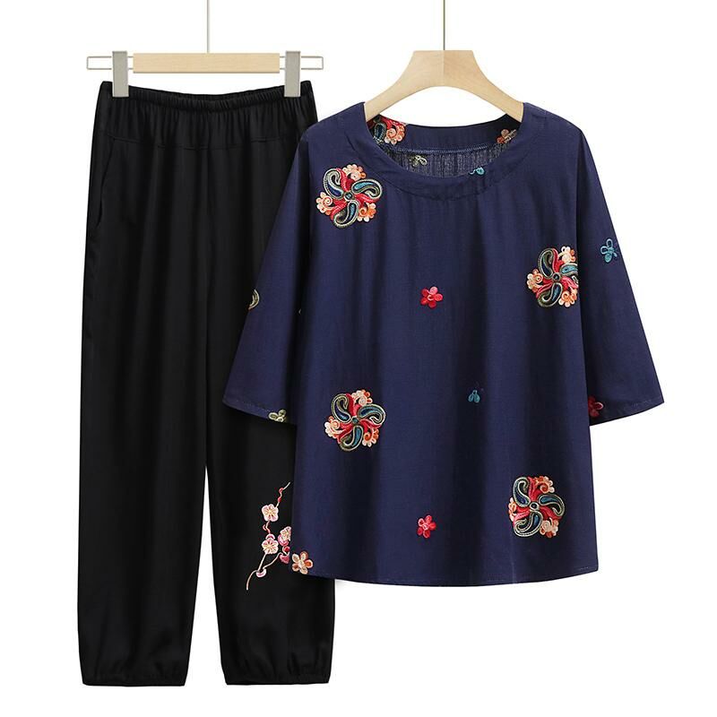 Seniors Short Sleeve Set (XL-6XL 196 Navy Blue (Set)) [After placing an order, please contact customer service to confirm the shipping size]