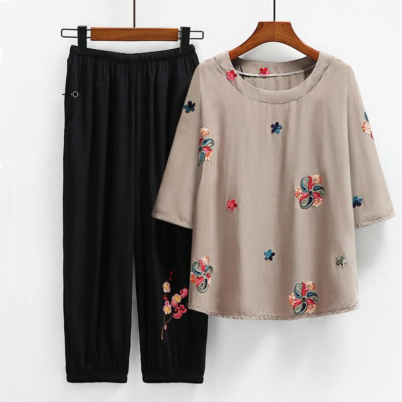 Seniors Short Sleeve Set (XL-6XL Size 196 Khaki (Set)) [After placing an order, please contact customer service to confirm the shipping size]