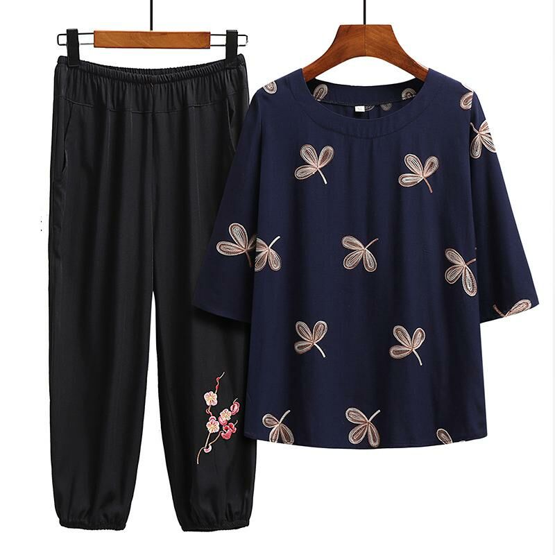 Seniors Short Sleeve Set (XL-6XL 716 Navy Blue (Set)) [Please contact customer service to confirm the shipping size after placing an order]