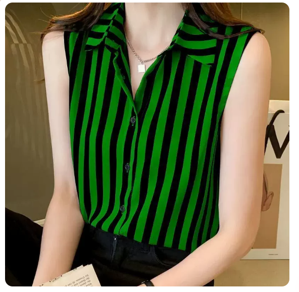 Sleeveless Vest Striped Chiffon Shirt (Green Size: S-3XL) (Please contact customer service to confirm the shipping size after placing an order)